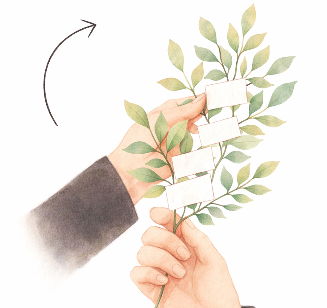 の高さで時計まわりに90度回し、手前に根元を向けます