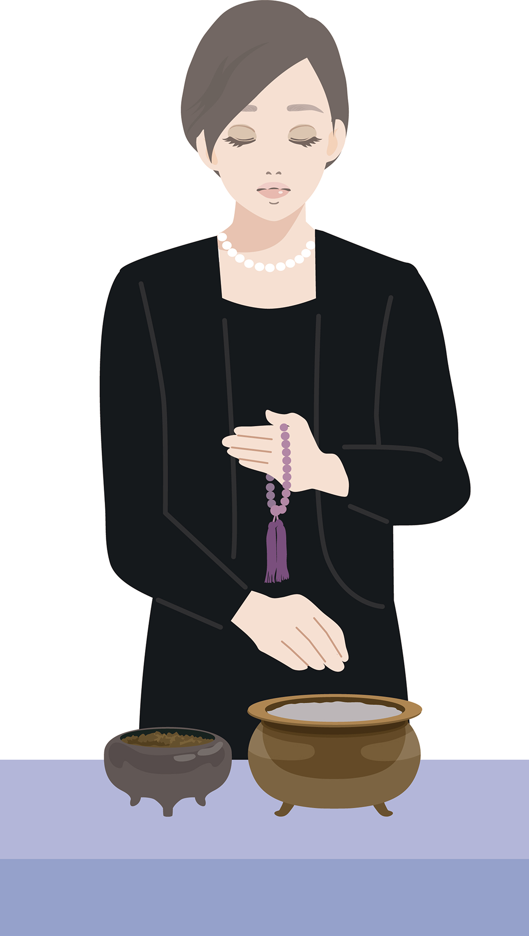 抹香を親指、人差し指、中指でつかみ、静かに香炉に入れます